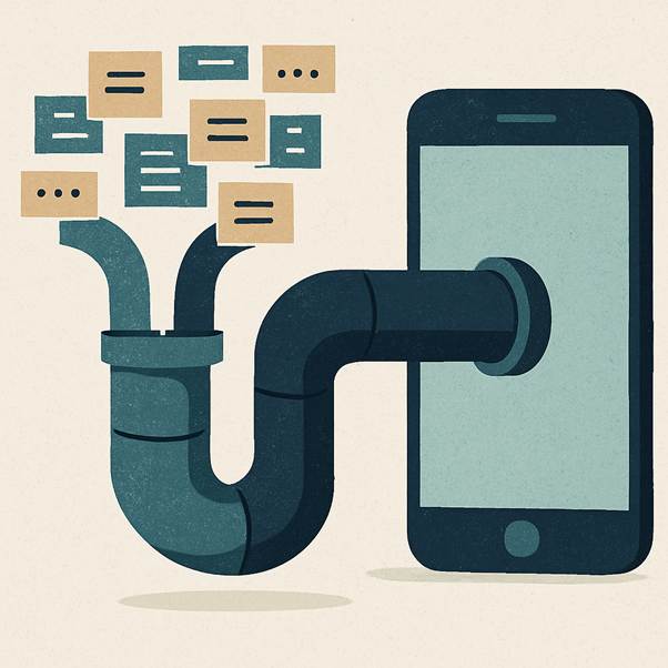 An illustration showing two separate streams of data merging into one larger pipe to enter a phone.