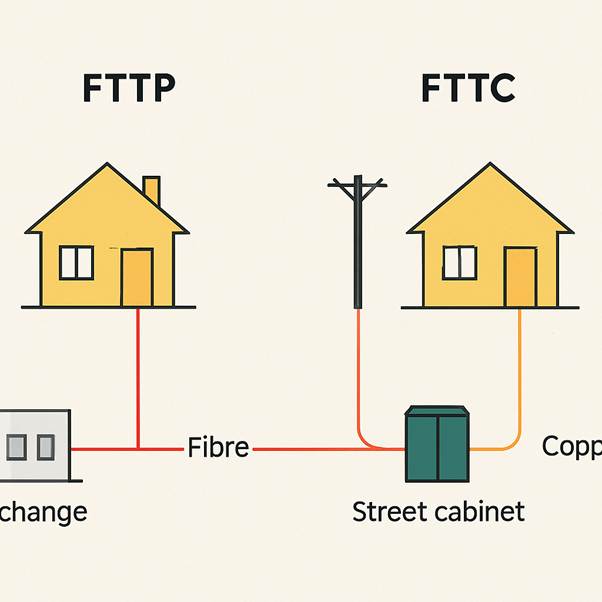 Illustration showing the connection paths for FTTP and FTTC