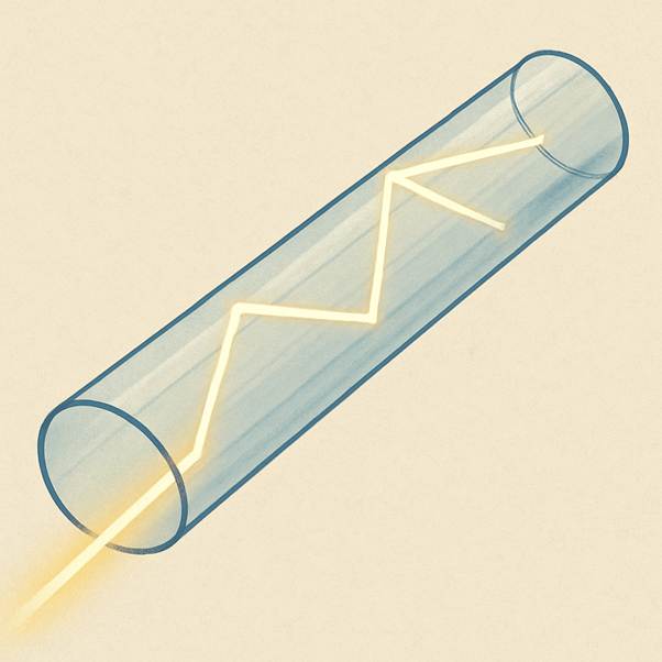 A simple visualization of a beam of light bouncing off the internal walls of a transparent tube.