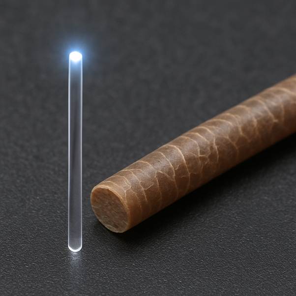A high-quality photo of a single strand of fibre optic glass next to a human hair to show the scale.